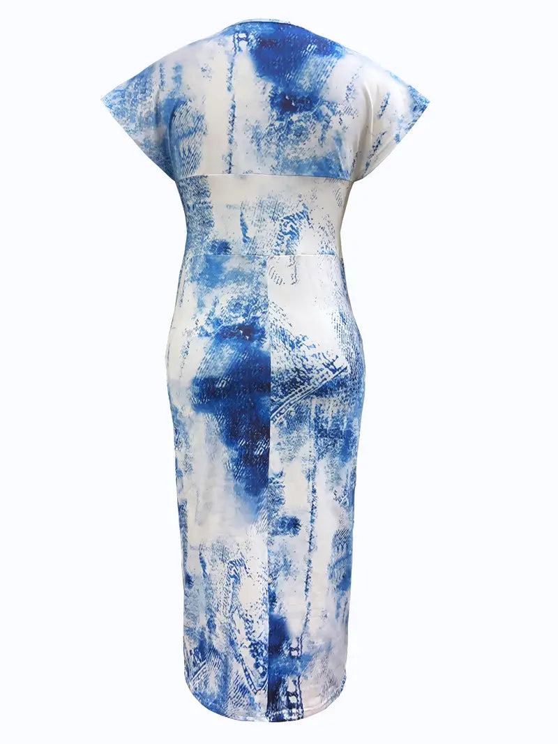 Women Bodycon Dress - Midi Length - V-Neck - Patchwork Design - Short Sleeves