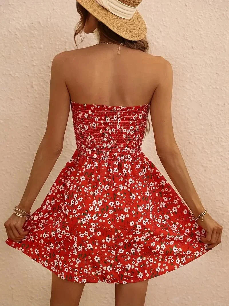 Women Strapless Dress - Smocked Waist - A-line - Floral Elegant Summer Look