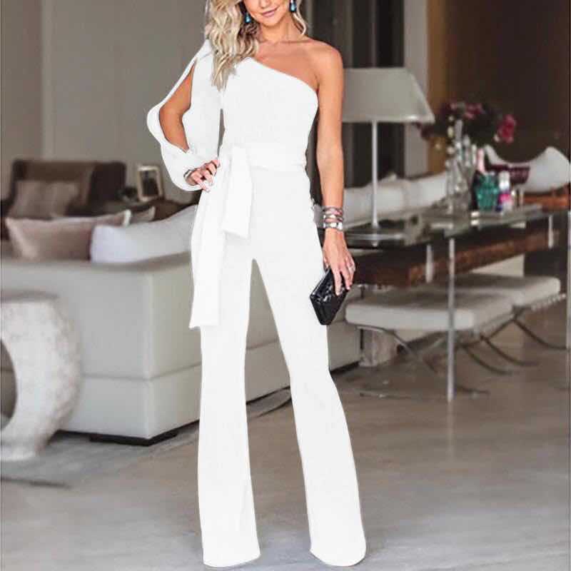 Women's Jumpsuit – One Shoulder – Slim Fit – Belted Waist – Flared Leg