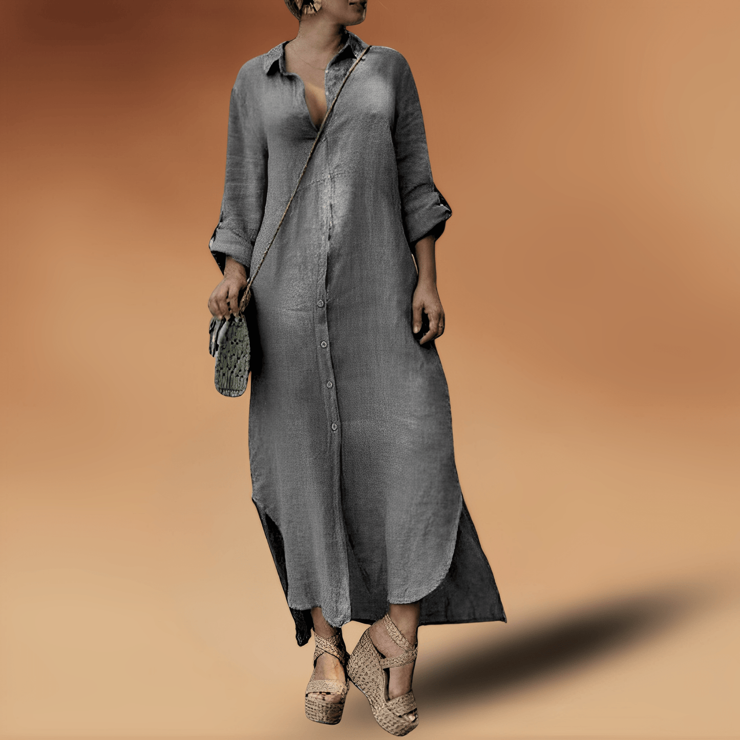 Women's Shirt Maxi Dress – Relaxed Fit – Button Closure – Breathable Natural Material – Long Sleeves
