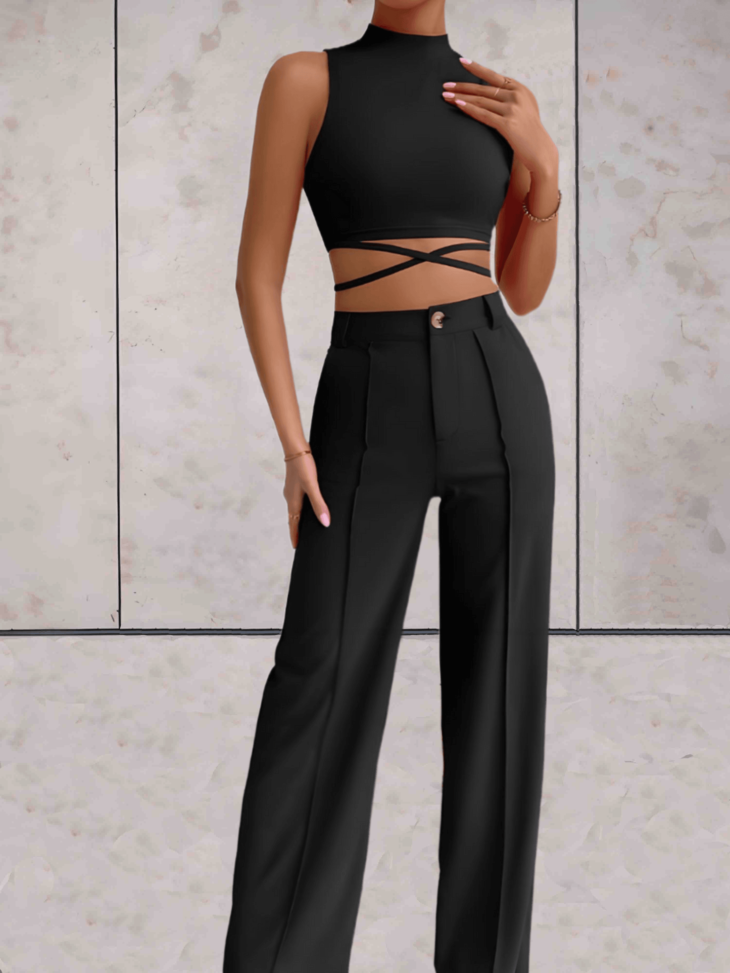 Women's Set - Crop Top with Cross Details & High-Waisted Wide Pants - Elegant Look