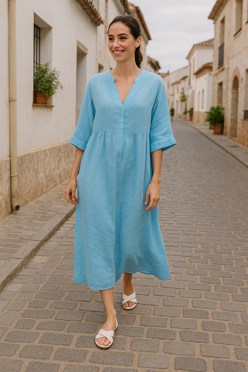 Women's Maxi Dress – Relaxed Fit – Airy Silhouette – Cotton-like Comfort – Button Closure