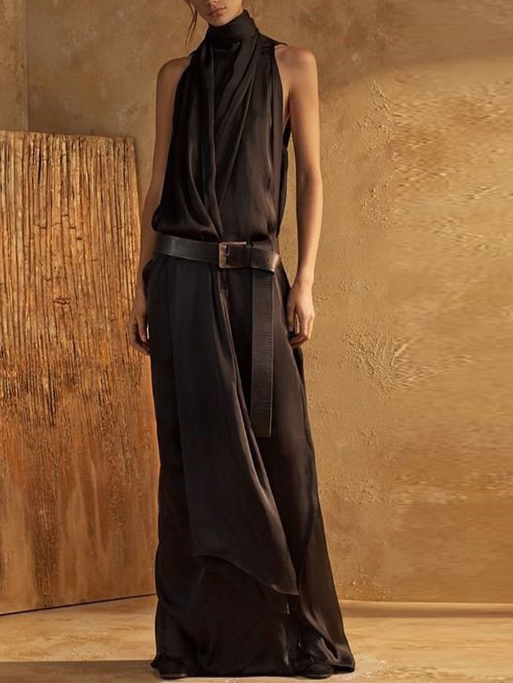 Women's Maxi Dress – Sleeveless – High Neck – Belted Waist – Light and Airy Fit
