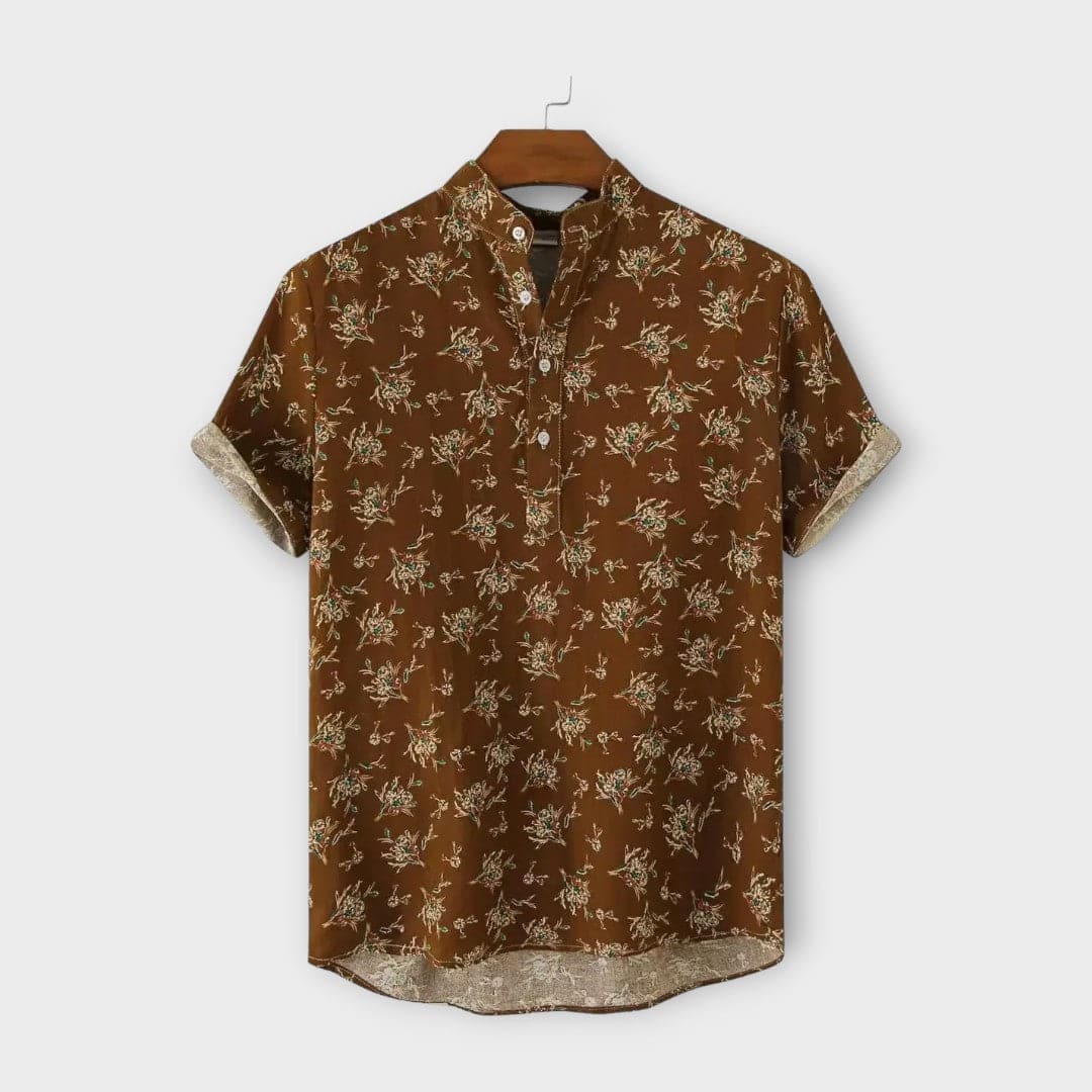 Men's Shirt - Short-Sleeved - Button Closure - Mandarin Collar - Floral Design