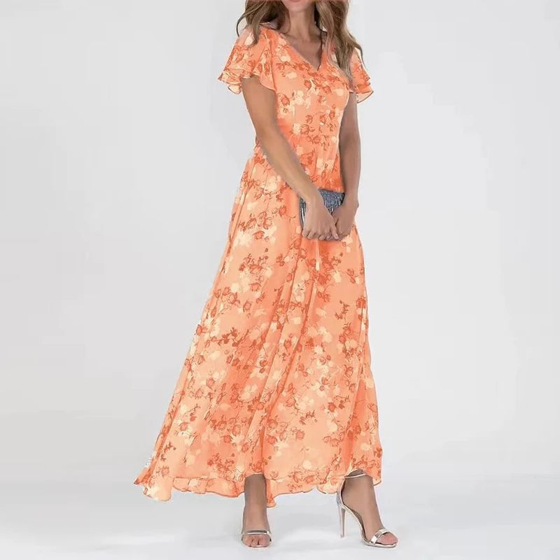 Dame Maxi Kjole - Blomstermønster - V-Hals - Korte Flutter Ærmer - Let og Luftig