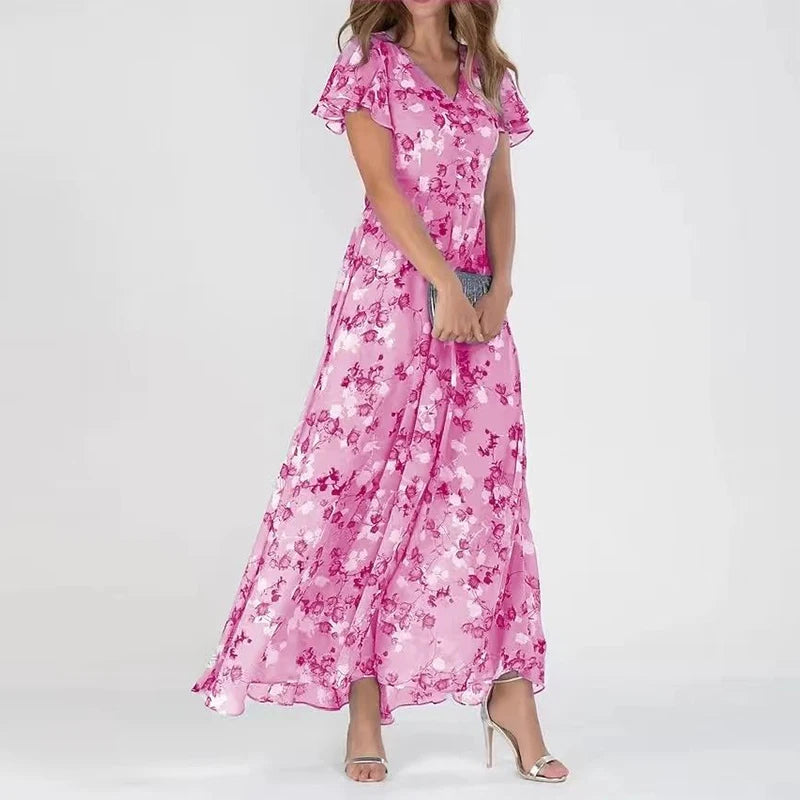 Dame Maxi Kjole - Blomstermønster - V-Hals - Korte Flutter Ærmer - Let og Luftig
