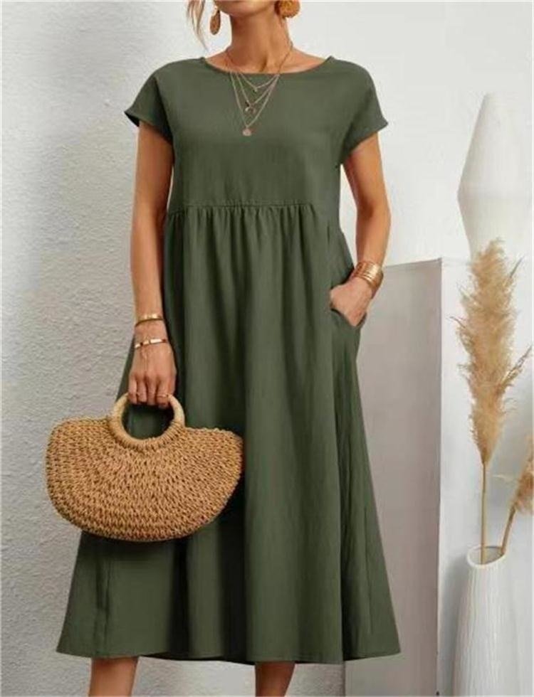 Women's Maxi Dress - Loose-Fitting A-Line - Round Neck - Short Sleeves - Light and Comfortable