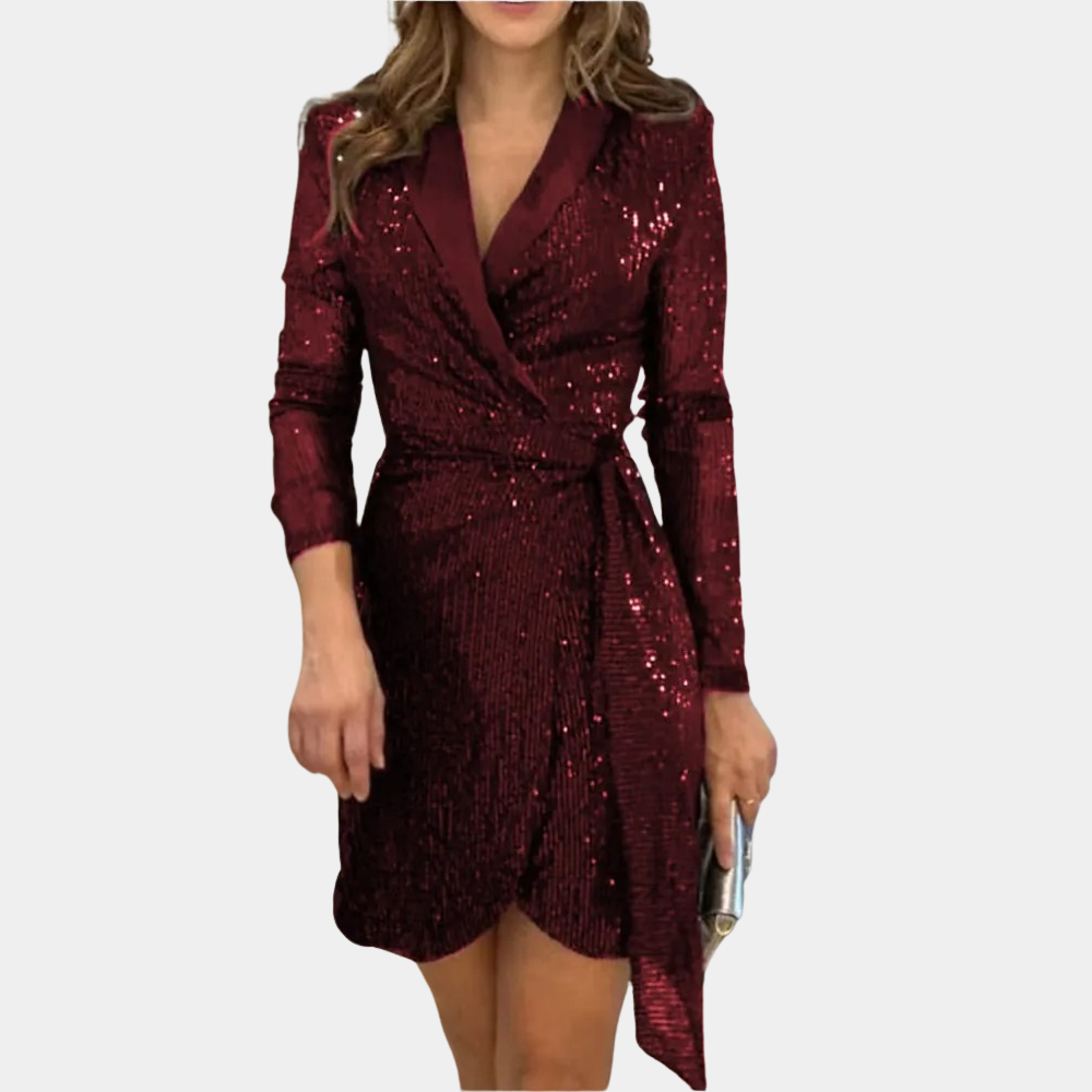 Dame Wrap Kjole - Skinnende Pailletter - V-Hals - Langærmet - Elegant Festlook