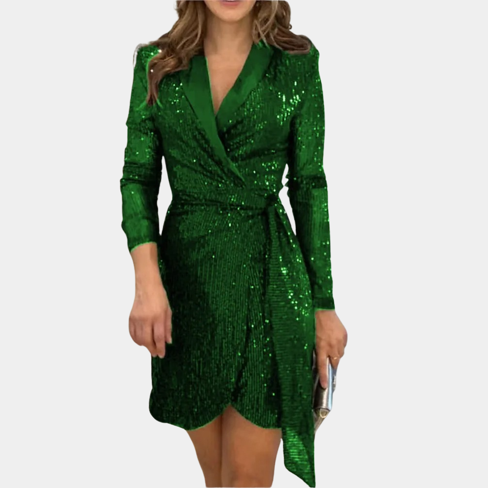 Dame Wrap Kjole - Skinnende Pailletter - V-Hals - Langærmet - Elegant Festlook