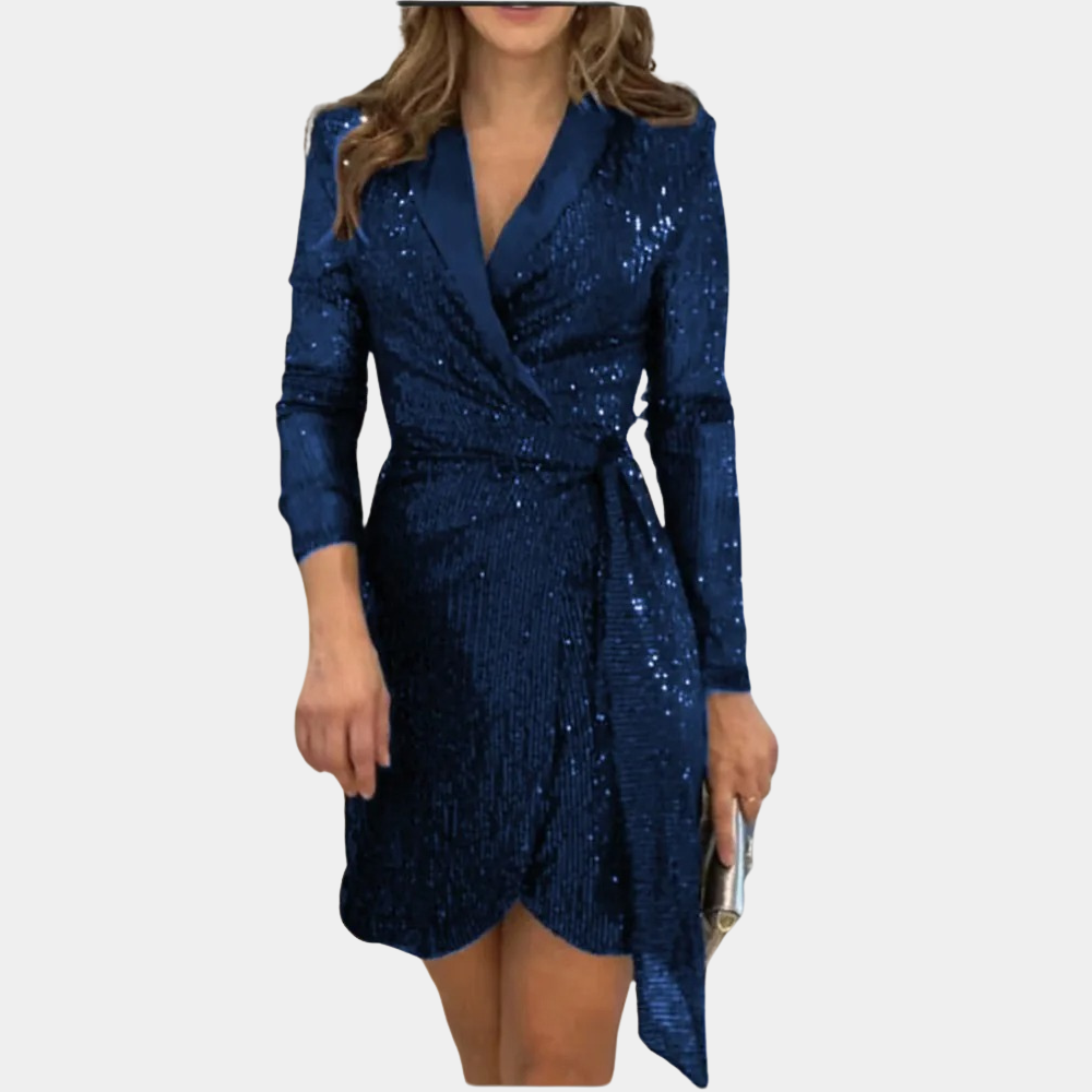 Dame Wrap Kjole - Skinnende Pailletter - V-Hals - Langærmet - Elegant Festlook