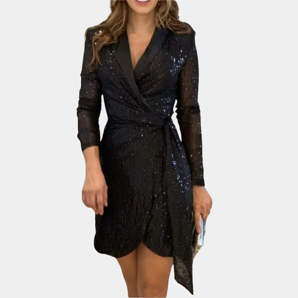 Dame Wrap Kjole - Skinnende Pailletter - V-Hals - Langærmet - Elegant Festlook