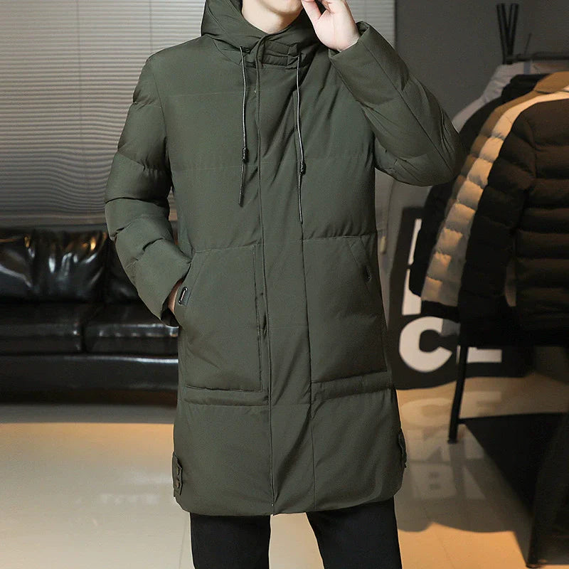 Men’s Puffer Jacket - Woven Synthetic - Hooded - Quilted - Long Length