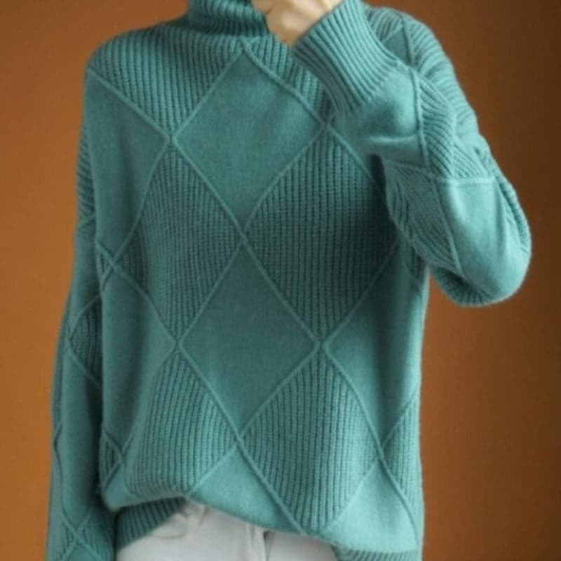 Women's Turtleneck Sweater - Knitted with Diamond Pattern - Soft and Comfortable