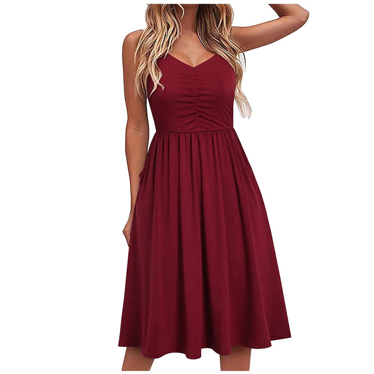 Women's Midi Dress - Fit & Flare - V-neck - Sleeveless with Spaghetti Straps - Elegant & Comfortable