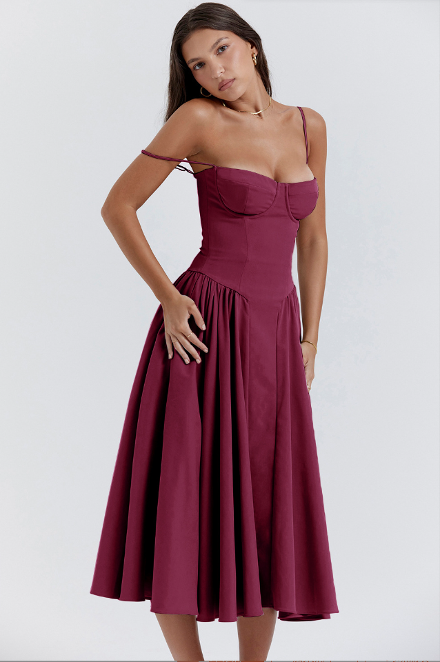 Dress for Women – Midi Length – Fitted Corset – A-Line – Spaghetti Straps