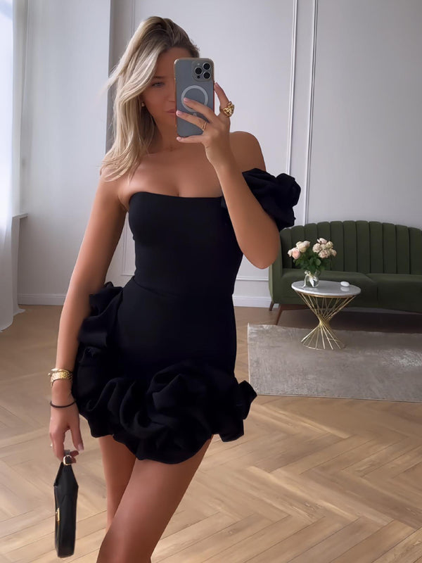 Dress for Women – Mini – Slim Fit – Satin Look – One Shoulder with Ruffles