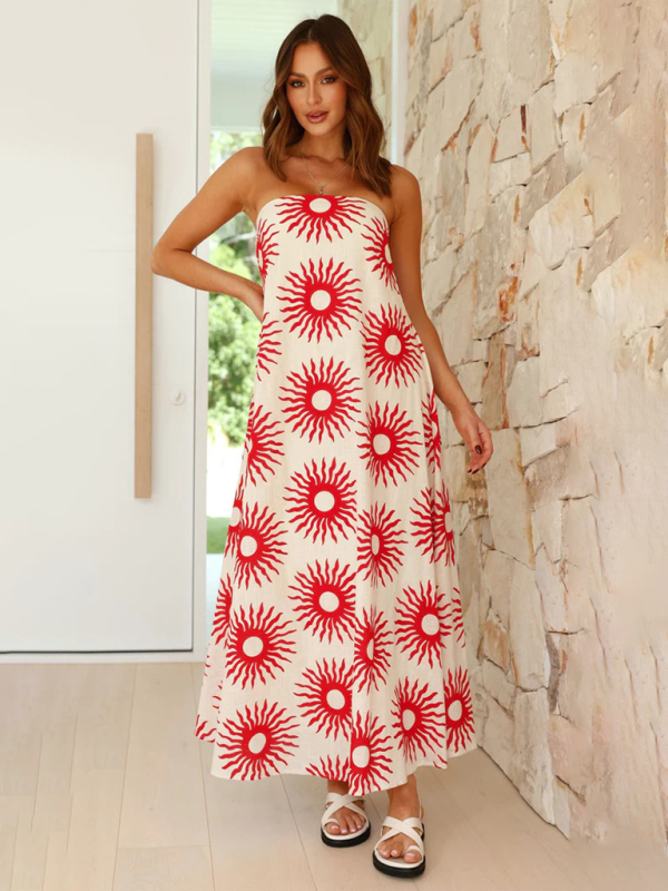 Strapless Maxi Dress - Light And Breathable Fabric - Loose Fit - Elegant Patterns