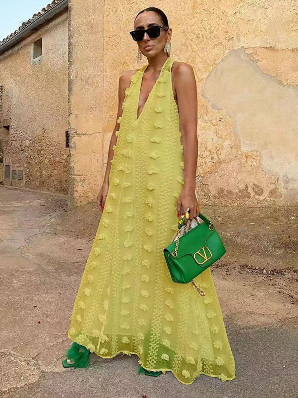 Dress for Women – Maxi Dress – Halterneck – A-line Fit – Light and Airy – 3D Flowers