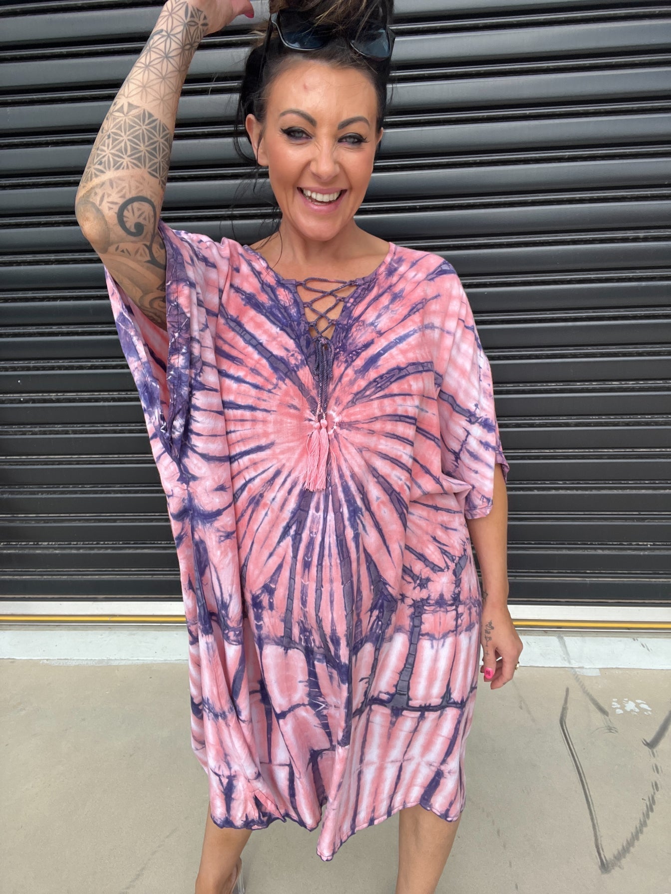 Women's Caftan Dress - Loose Fit - Short Sleeves - Soft and Light - Drawstring Neckline