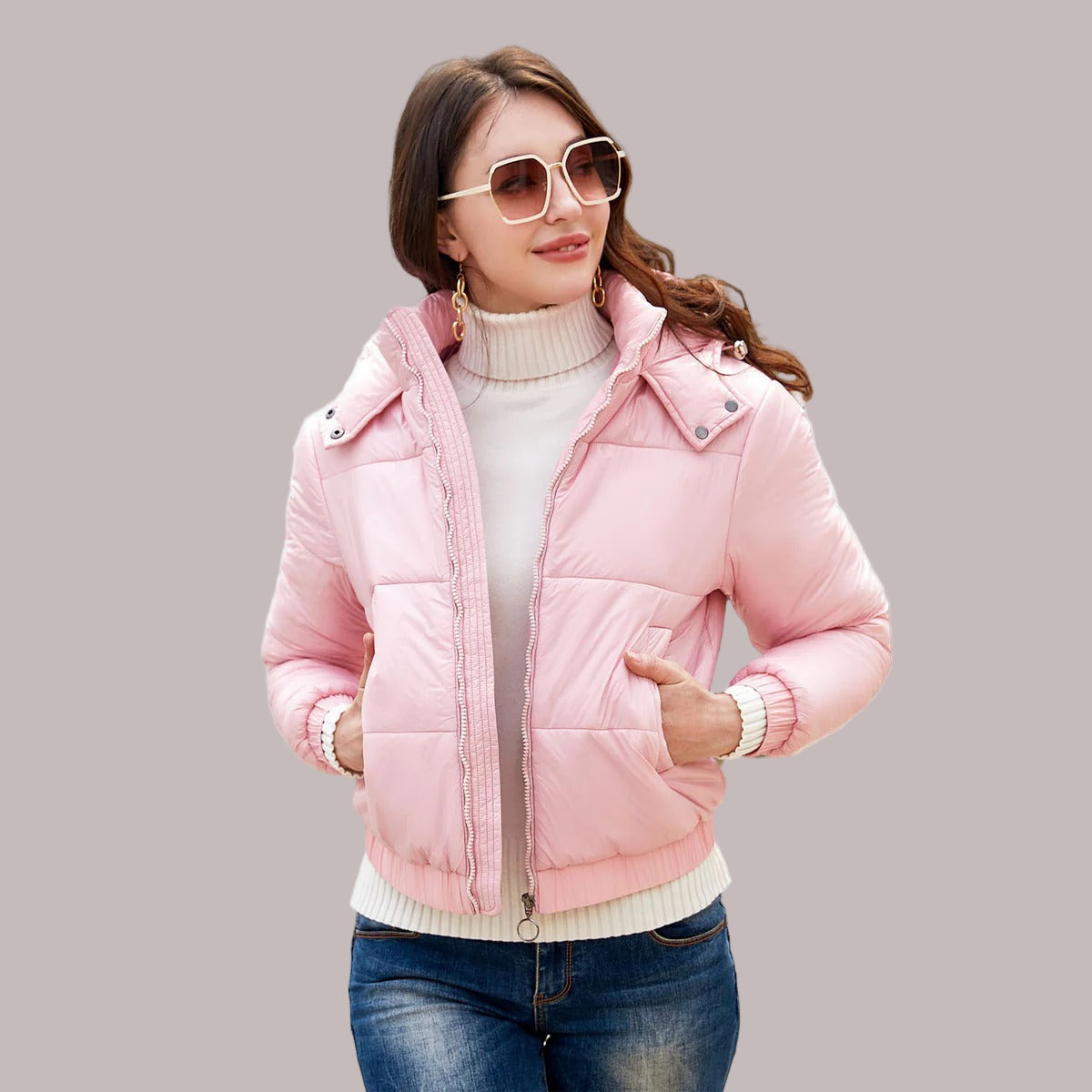 Women’s Puffer Jacket - Woven - Cropped Length - Detachable Hood - Stand-Up Collar