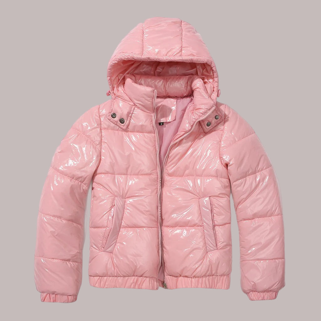 Women’s Puffer Jacket - Woven - Cropped Length - Detachable Hood - Stand-Up Collar