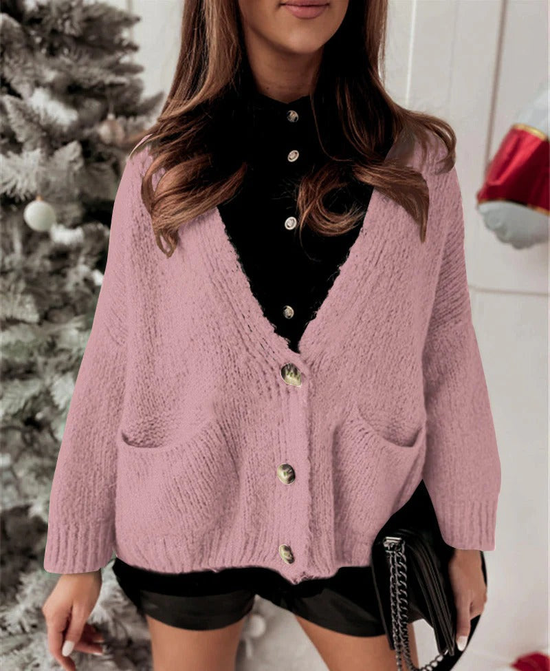 Women's Cardigan – Oversized Fit – Chunky Knit – V-Neck – Button Closure – Pockets
