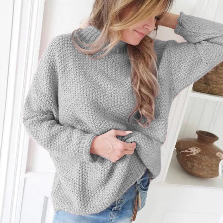 Women's Pullover Sweater – Relaxed Fit – High Neck – Textured Knit – Long Sleeves