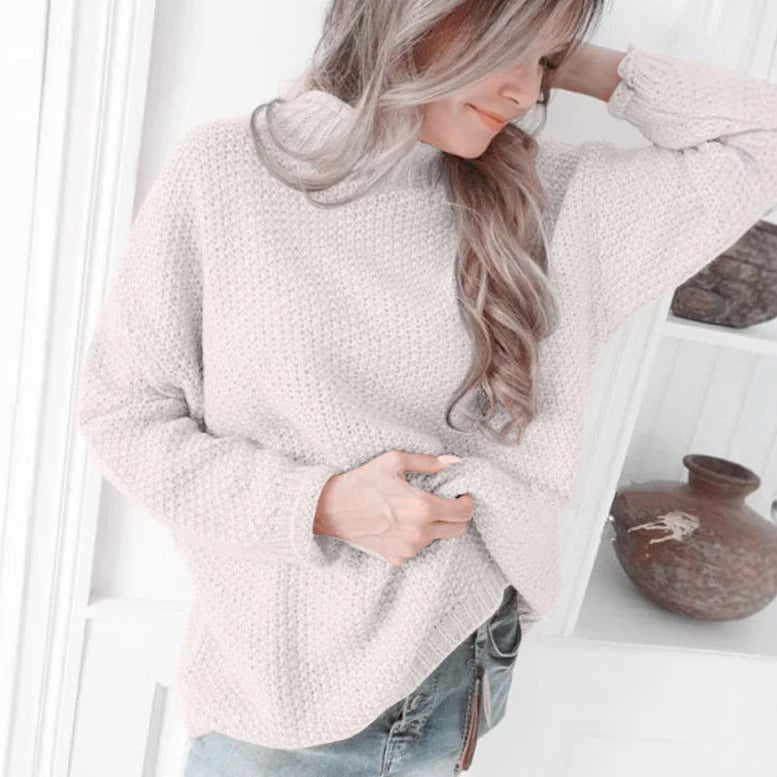 Women's Pullover Sweater – Relaxed Fit – High Neck – Textured Knit – Long Sleeves