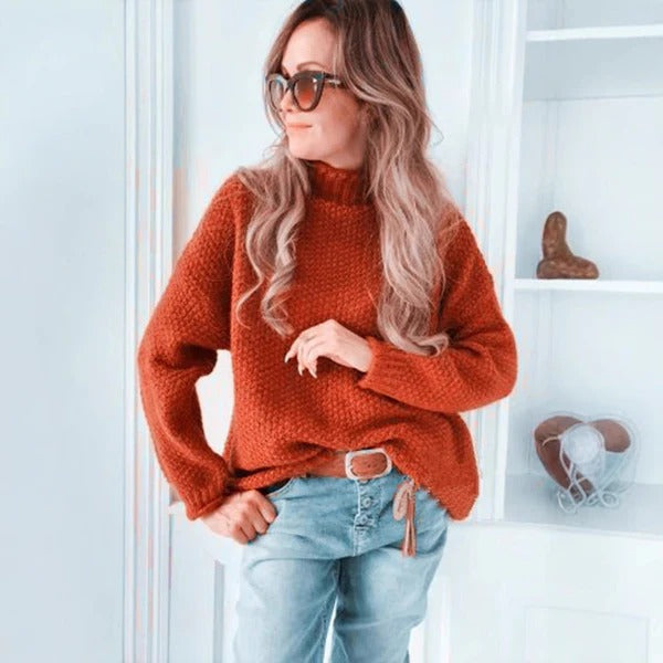 Women's Pullover Sweater – Relaxed Fit – High Neck – Textured Knit – Long Sleeves