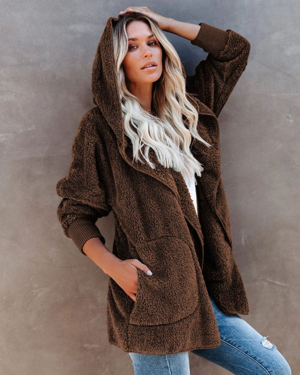 Women's Cardigan with Hood – Soft Sherpa Fleece – Oversized Fit – Open Design with Pockets