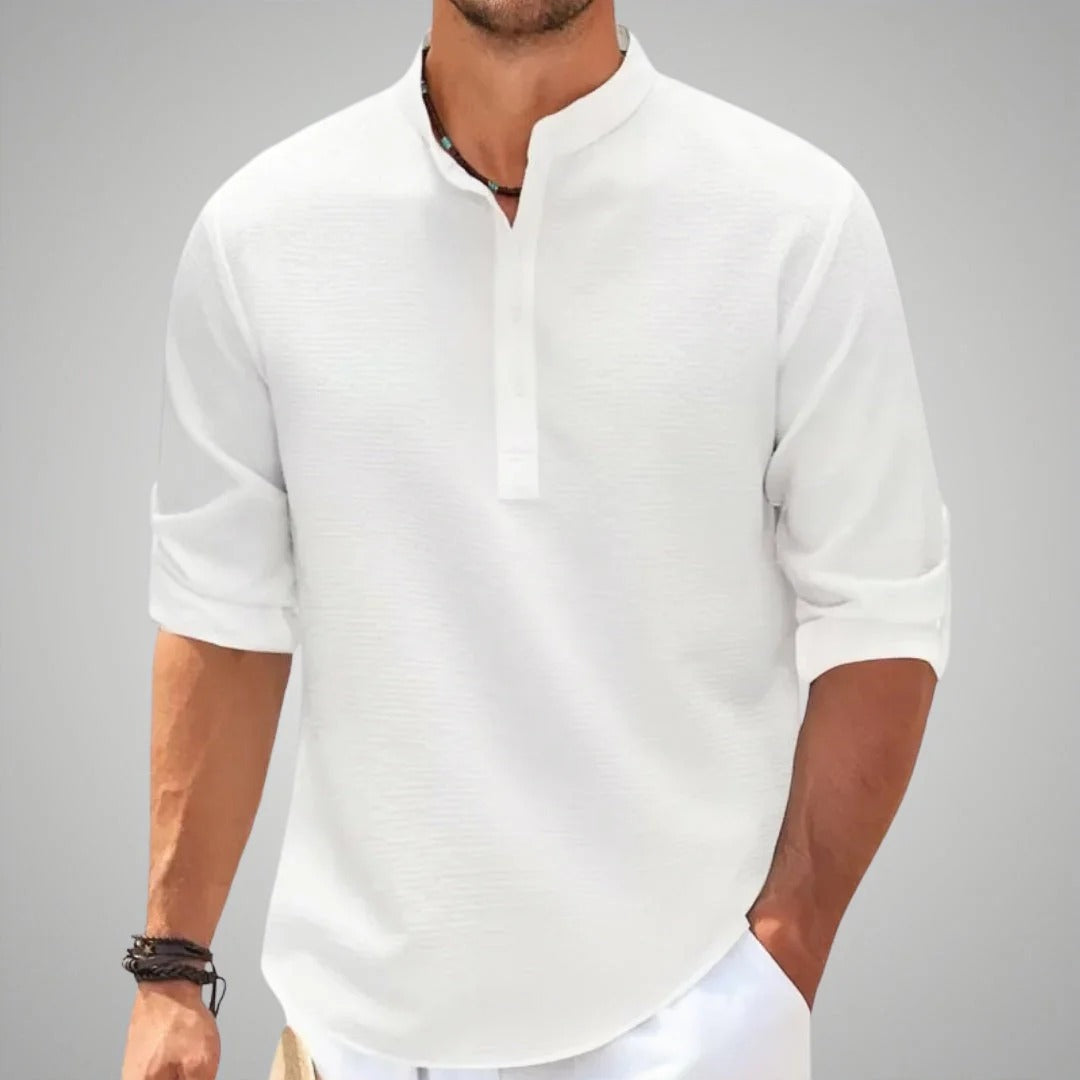 Men's Blouse – Relaxed Fit – Breathable Fabric – Mandarin Collar – 3/4 Sleeves with Turn-Up