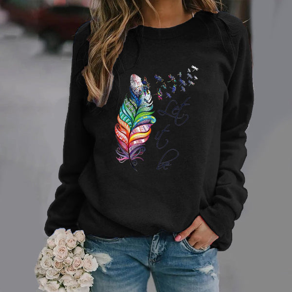 Women's Sweatshirt – Relaxed Fit – Feather Print and Text – Crew Neck – Long Sleeves