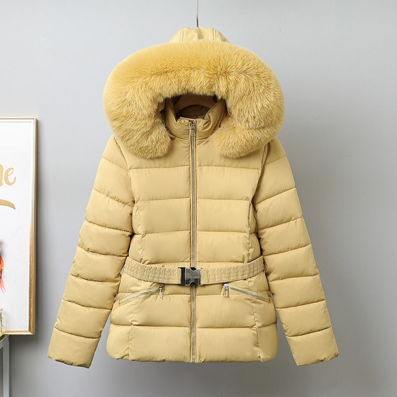 Women’s Puffer Coat - Quilted Fabric - Hip Length - Belted Waist - Removable Fur Hood