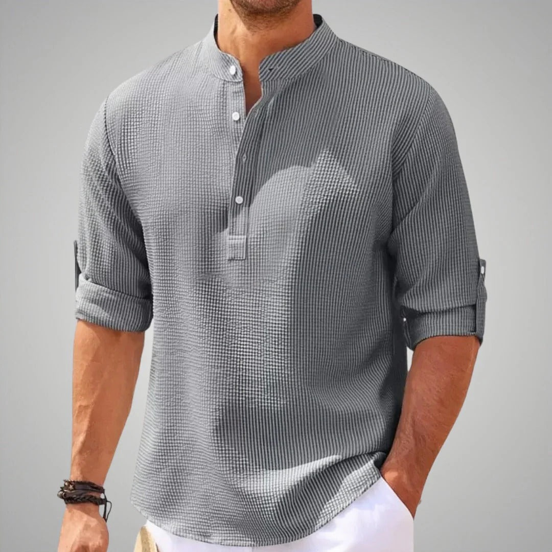Men's Blouse – Relaxed Fit – Breathable Fabric – Mandarin Collar – 3/4 Sleeves with Turn-Up