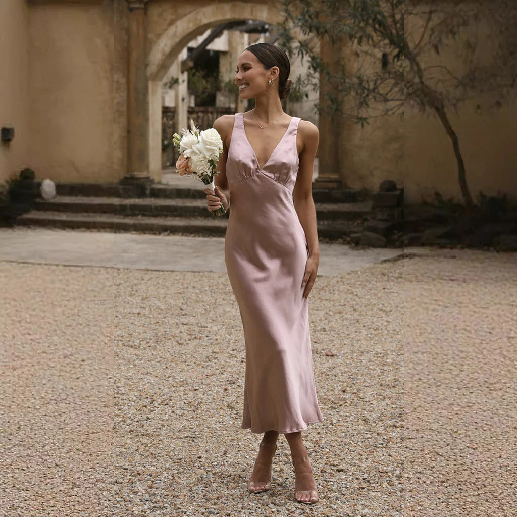 Women's Maxi Dress – Slim Fit – Silky Finish – Deep V-Neck – Elegant Straps