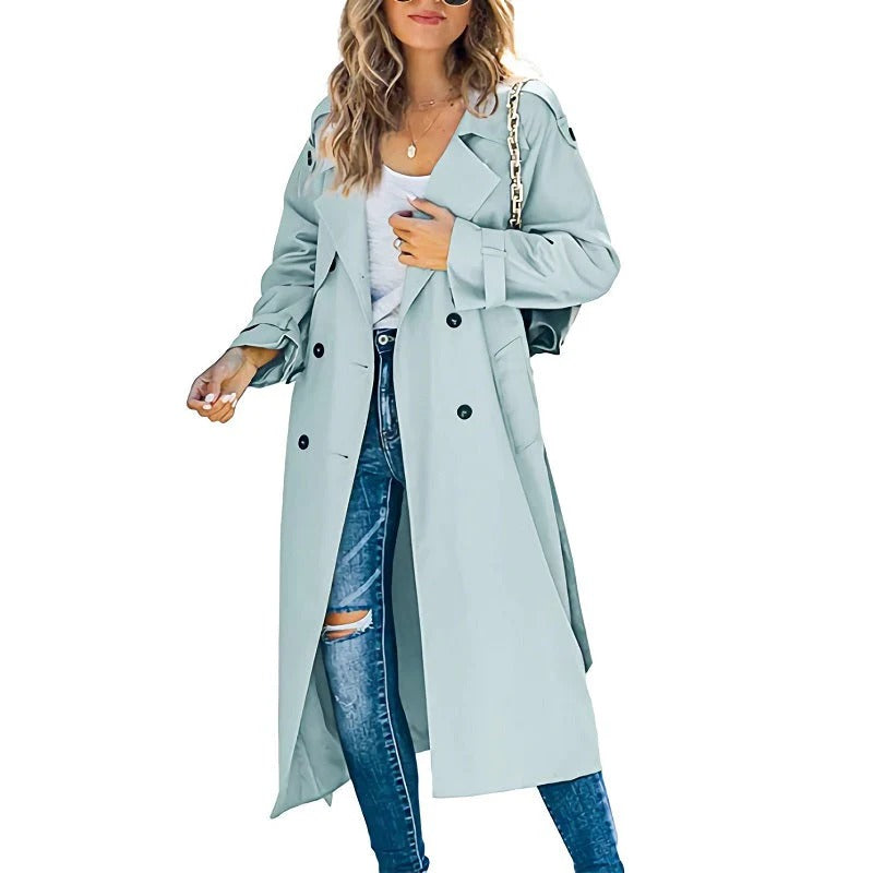 Women's Trench Coat – Long Straight Silhouette – Relaxed Fit – Belt – Double-Breasted