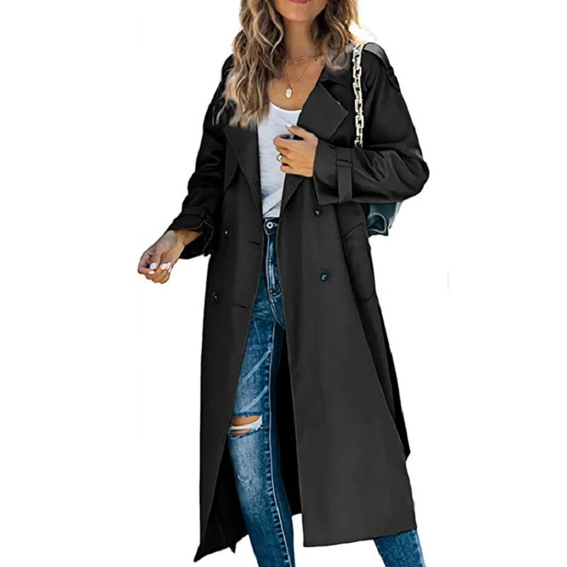 Women's Trench Coat – Long Straight Silhouette – Relaxed Fit – Belt – Double-Breasted