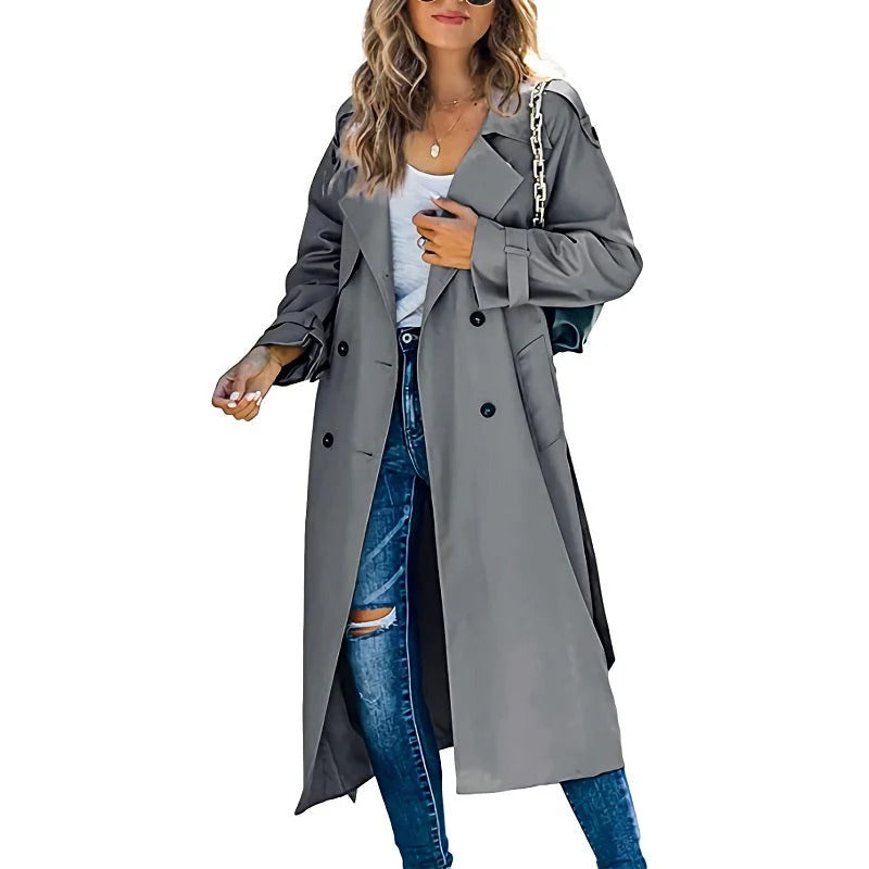 Women's Trench Coat – Long Straight Silhouette – Relaxed Fit – Belt – Double-Breasted