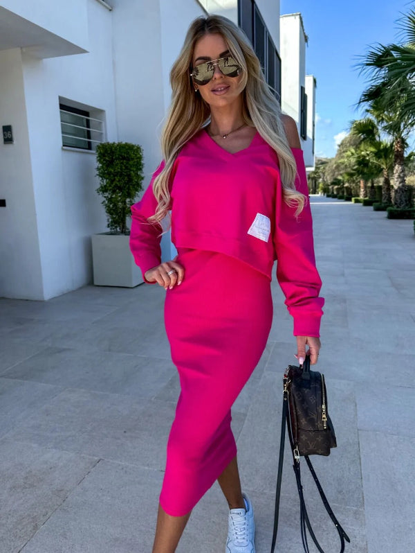 Women's Sweatshirt Dress Set – Slim Fit – Midi Length – V-Neck – Long Sleeves