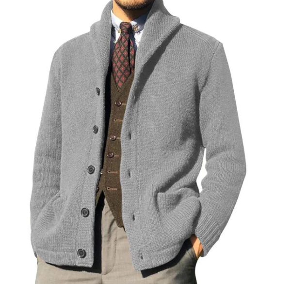 Men's Knit Jacket – Classic Fit – Button Closure – High Collar – Warm Texture