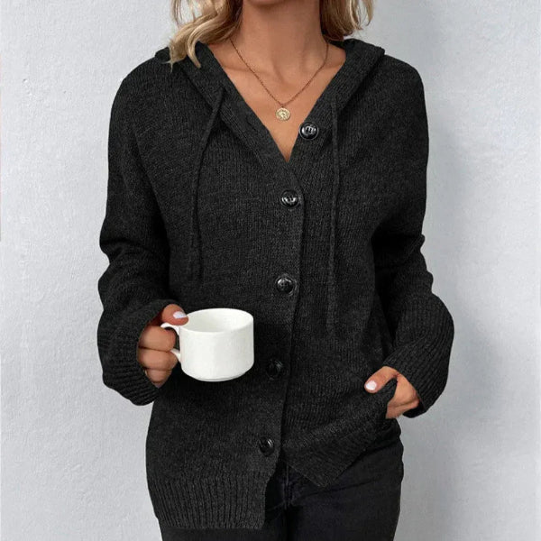 Women's Cardigan with Hood – Oversized Fit – Knit – Button Closure – Ribbed Edges