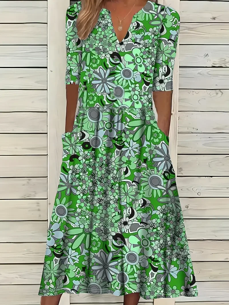 Women's Maxi Dress – Floral Print – V-Neck – Short Sleeve – Pockets – Breathable Design