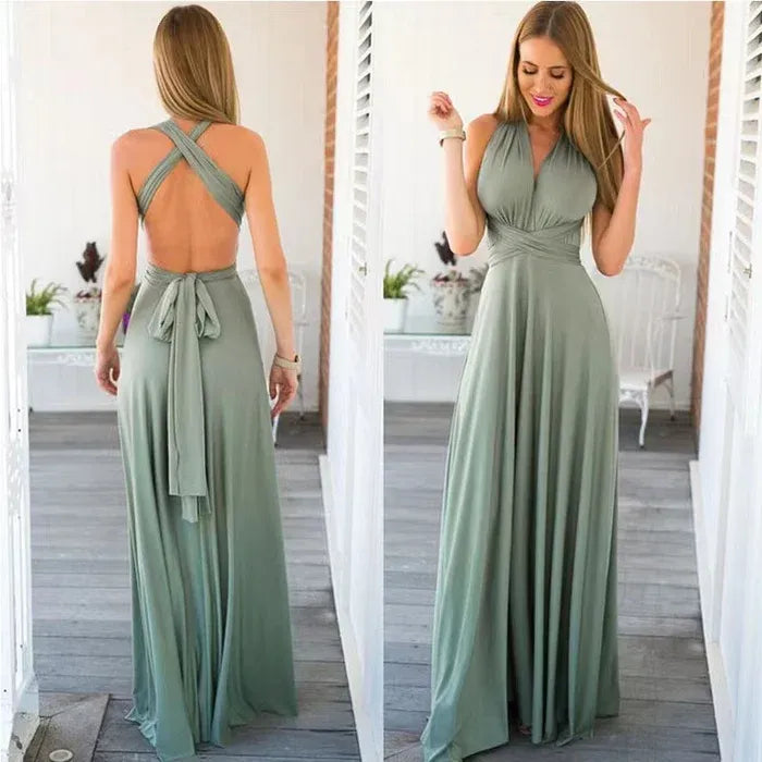 Dress for Women – Wrap Design – Deep V-Neck – Open Back – Floor Length – Stretch Fit