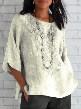 Women's Blouse – Relaxed Fit – Embroidered Front – Short Sleeves – Breathable Material