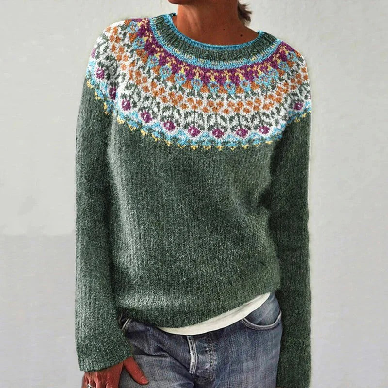 Women's Knit Sweater – Relaxed Fit – Wool Knit – Patterned Yoke – Round Neck – Long Sleeves