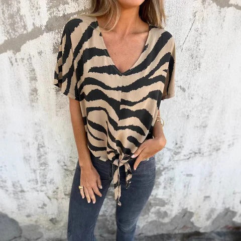 Women's Blouse – Relaxed Fit – V-Neck – Tie – Short Sleeve – Breathable Fabric