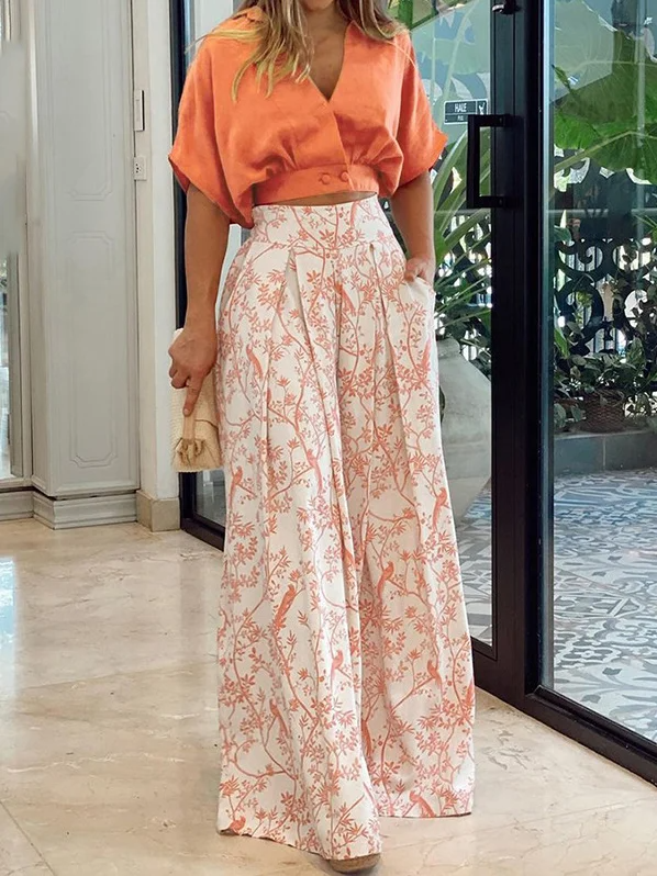 Women's Set – Casual Cropped Top with Dolman Sleeves – Wide Pants with High-Waisted Fit – Light and Breathable Design