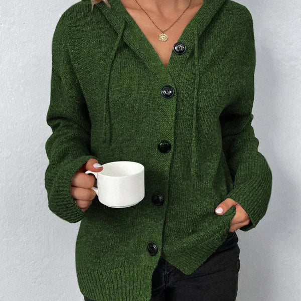 Women's Cardigan with Hood – Oversized Fit – Knit – Button Closure – Ribbed Edges
