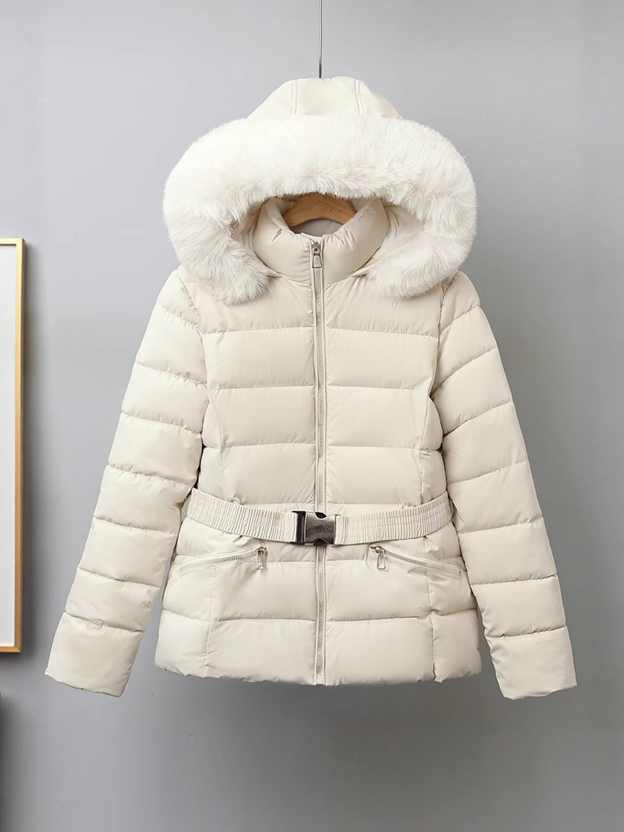Women’s Puffer Coat - Quilted Fabric - Hip Length - Belted Waist - Removable Fur Hood