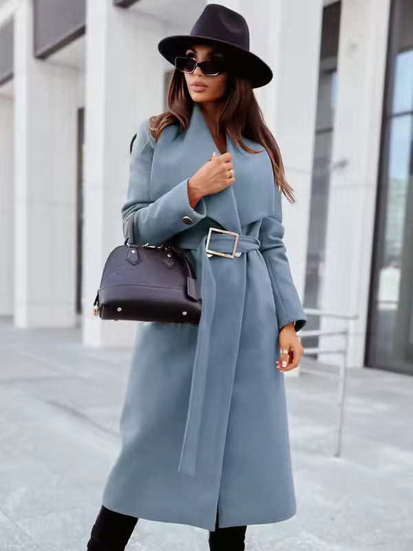 Women's Coat – Long Silhouette – Tailored Fit – Belt with Buckle – Button Closure